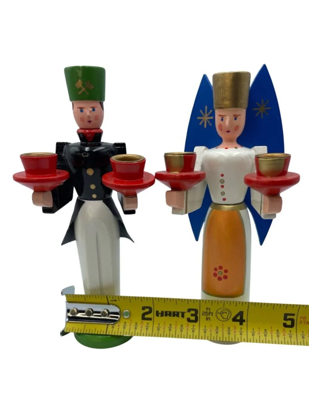 Vintage German Wooden Angel & Miner Candle Holders Hand-Painted Christmas Decor